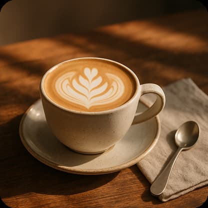 A close-up of a ceramic cup with a latte and delicate leaf-shaped foam art, placed on a rustic wooden table. Soft morning sunlight falls diagonally across the surface, casting warm shadows. Minimalistic setup with a linen napkin and small spoon nearby. Background softly blurred.