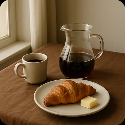 A breakfast scene with a filter coffee in a glass server, a small ceramic mug, and a plate with a croissant and butter. Everything sits on a brown tablecloth beside a window. Bright but soft natural light, subtle shadows, and an overall quiet morning vibe.