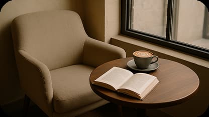 A quiet café corner with a beige armchair and a small round wooden table. On the table — a cappuccino in a matte cup and an open book. Natural window light illuminates the scene. Neutral tones, cozy atmosphere, no people, just the setting.
