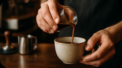 Hands of a barista gently pouring a rich espresso shot into a ceramic cup. The café background is softly blurred, with visible coffee tools like a tamper and milk pitcher. Warm lighting, dark wood counter, artisanal feel. Emphasis on process and craft.