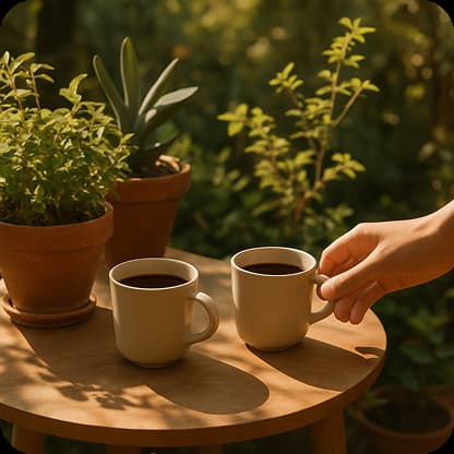 Two coffee cups on a small round table outdoors, surrounded by potted plants and greenery. The table is wooden, with sunlight filtered through leaves. Minimal accessories — perhaps one hand reaching for the cup, the rest of the scene calm and framed in warm tones.