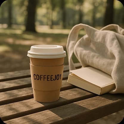 A takeaway coffee cup with a kraft sleeve and CoffeeJoy branding placed on a wooden bench in a park. Nearby — a linen tote bag and a book partially sticking out. Early morning sunlight filters through the trees, creating soft, dappled shadows. Natural, earthy tones. Calm, slow-morning mood with no people in frame.